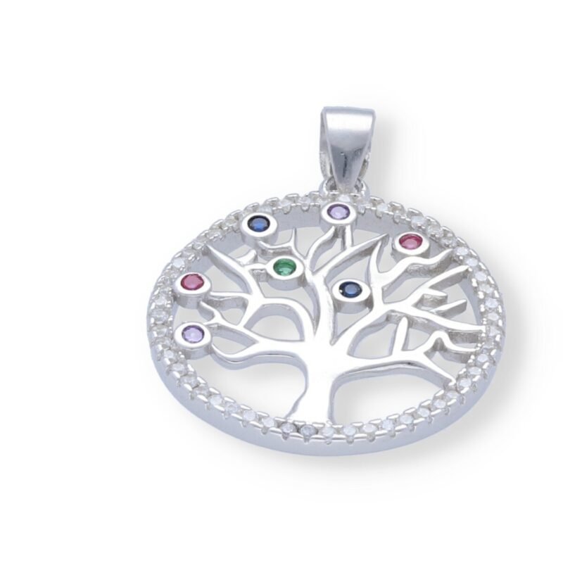 Colgante plata de ley 925 árbol de la vida con circonitas de colores de 22mm.
