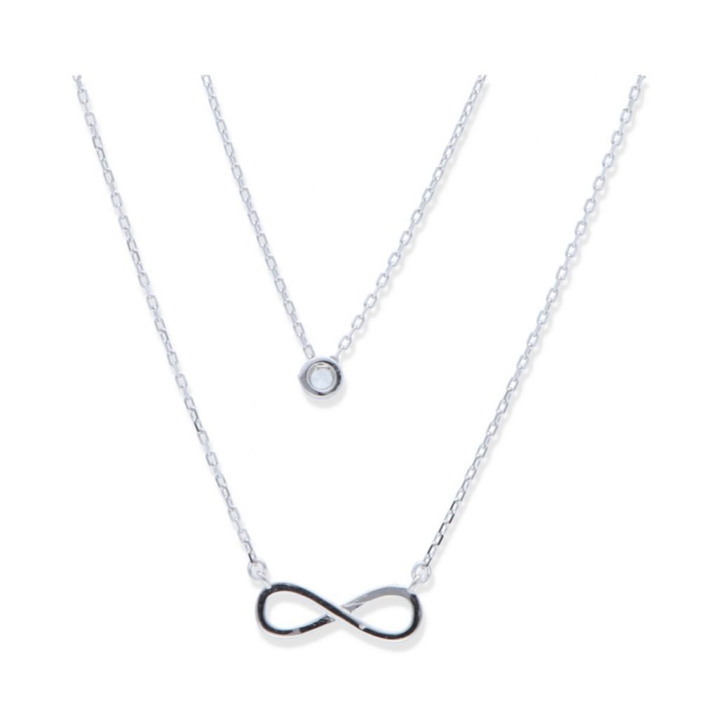 Gargantilla plata de ley 925 doble vuelta con circonita (5mm) e infinito (17mm) y 44cm de largo con cierre mosquetón.
