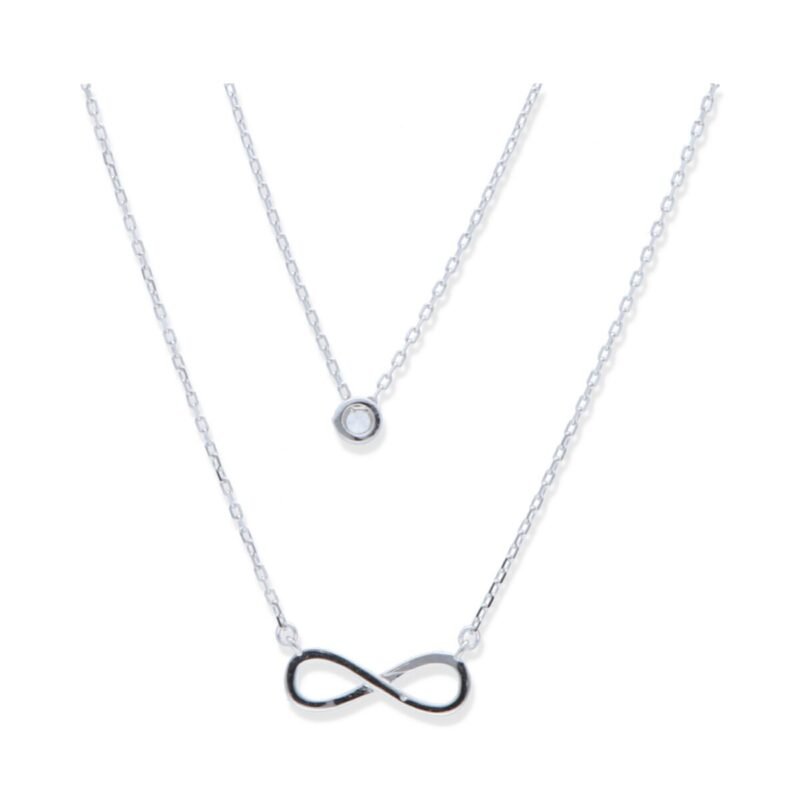 Gargantilla plata de ley 925 doble vuelta con circonita (5mm) e infinito (17mm) y 44cm de largo con cierre mosquetón.