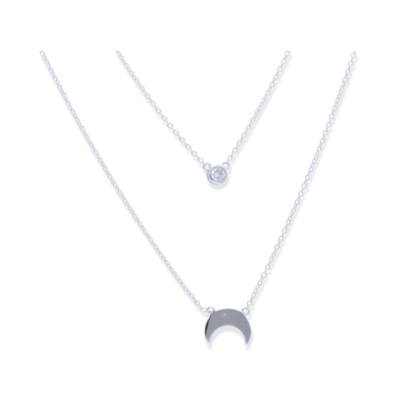 Gargantilla plata de ley 925 doble vuelta con circonita (5mm) y luna invertida o moonset (13mm) y 44cm de largo con cierre reasa.