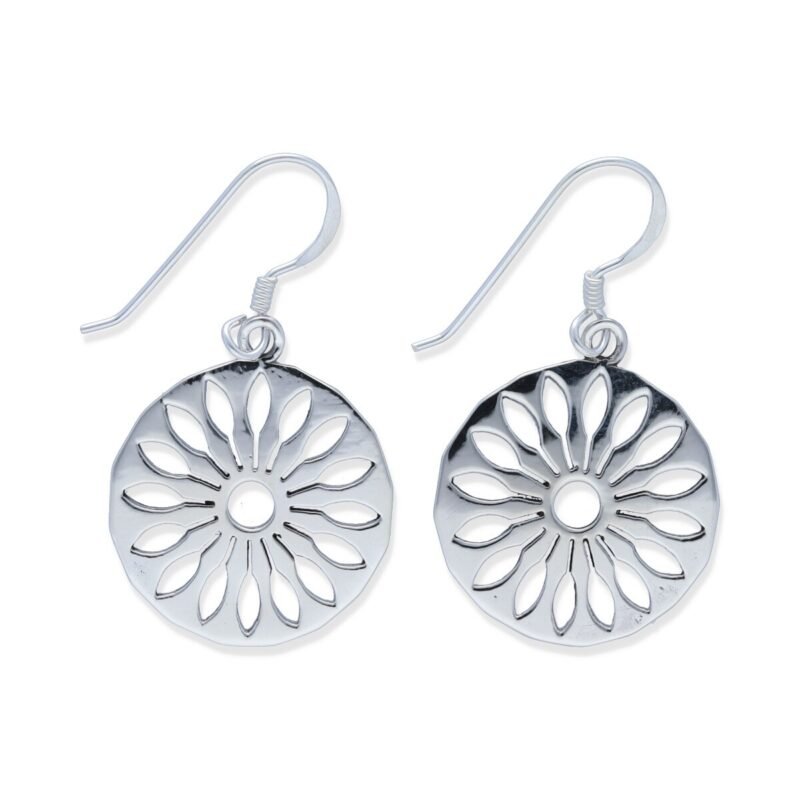 Pendientes plata de ley 925 lisa circular con flor de 20mm.