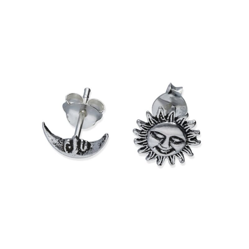 Pendientes plata de ley 925 liso mini sol y luna.