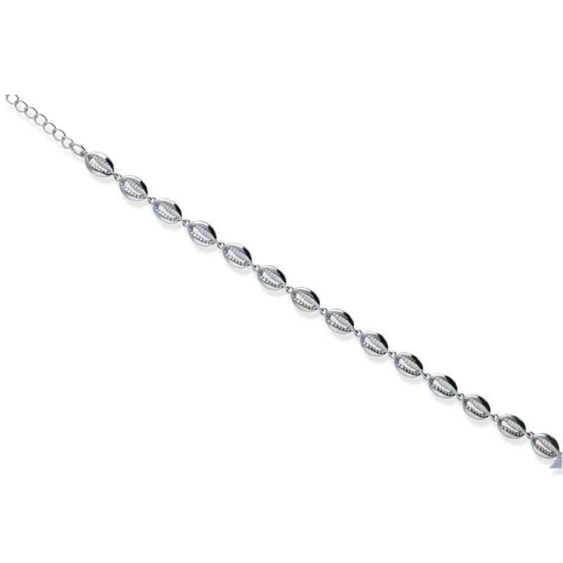 Pulsera plata de ley 925 lisa conchas cauri de 20cm con cierre de reasa.