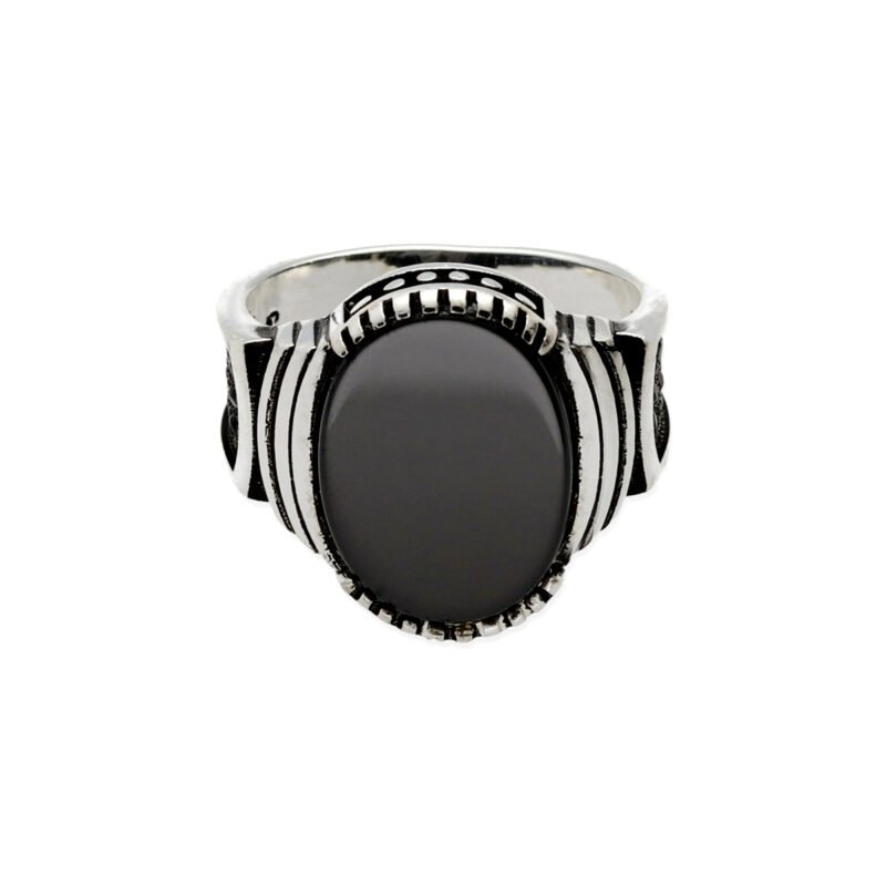 Anillo de plata de ley 925 para hombre tipo sello ovalado onix 12x16mm con circonitas negras.