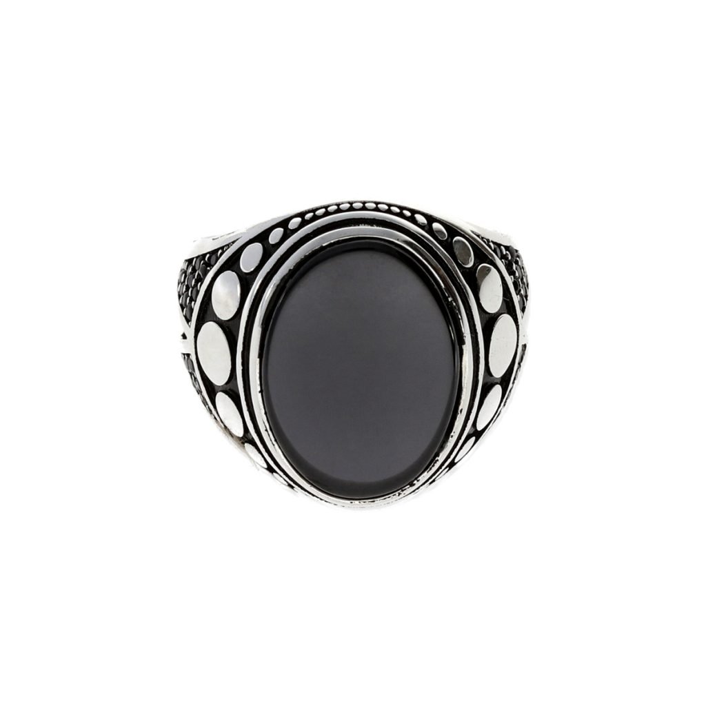 Anillo de plata de ley 925 para hombre tipo sello ovalado onix 14x18mm con circonitas negras.