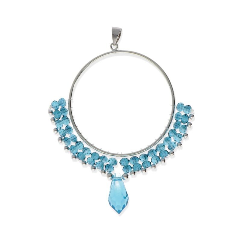 Colgante de plata de ley 925 círculo de 35mm de cuentas con bolitas azules de 3,5mm y de plata de 2mm y colgante azul de 14mm.