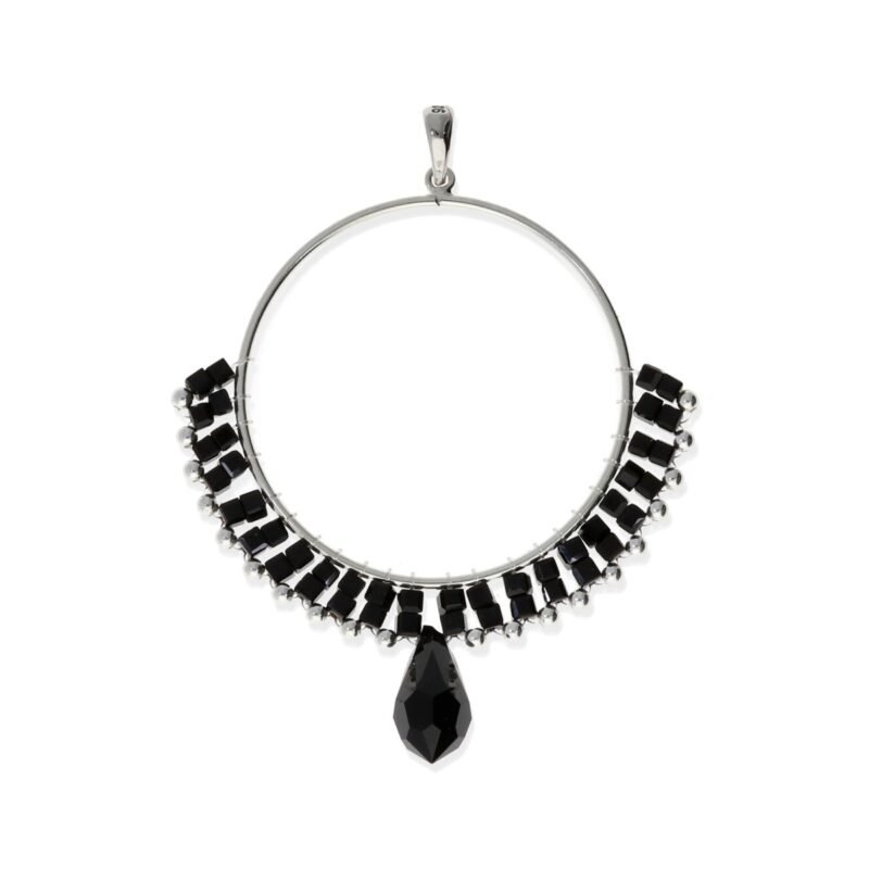 Colgante de plata de ley 925 círculo de 35mm de cuentas con cubos negros y bolitas de plata de 2mm y colgante negro de 14mm.