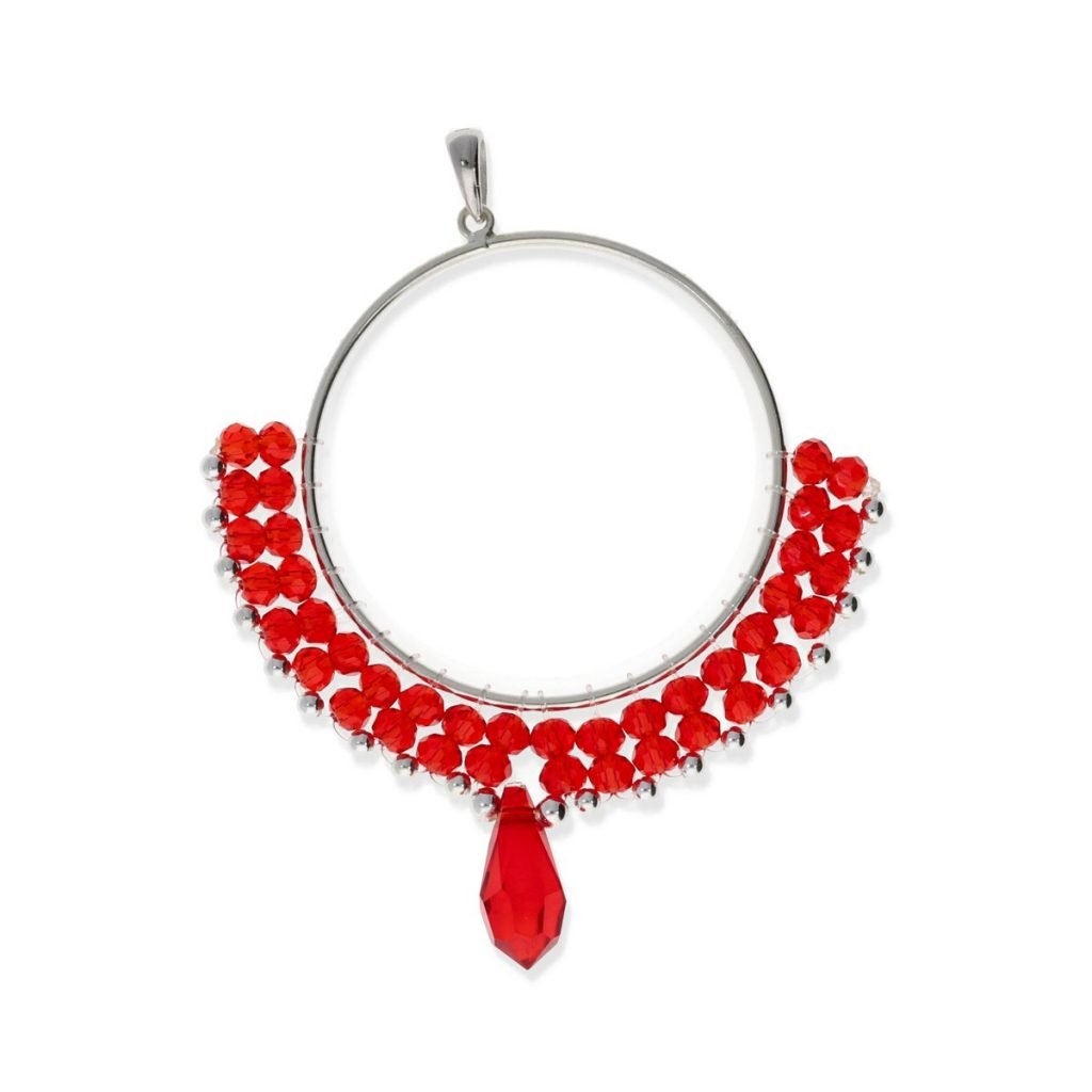 Colgante de plata de ley 925 círculo de 35mm de cuentas con bolitas rojas de 3,5mm y de plata de 2mm y colgante rojo