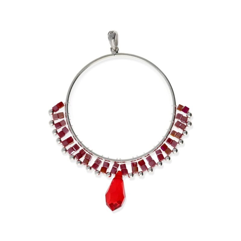Colgante de plata de ley 925 círculo de 35mm de cuentas con cubos rojos y bolitas de plata de 2mm y colgante rojo de 14mm.