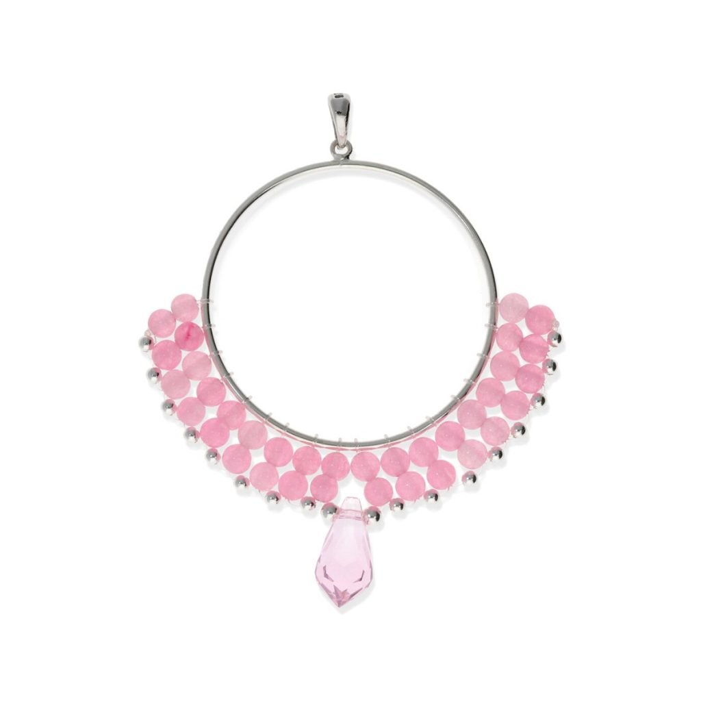 Colgante de plata de ley 925 círculo de 35mm de cuentas con bolitas rosas 3,5mm y de plata de 2mm y colgante rosa de 14mm.