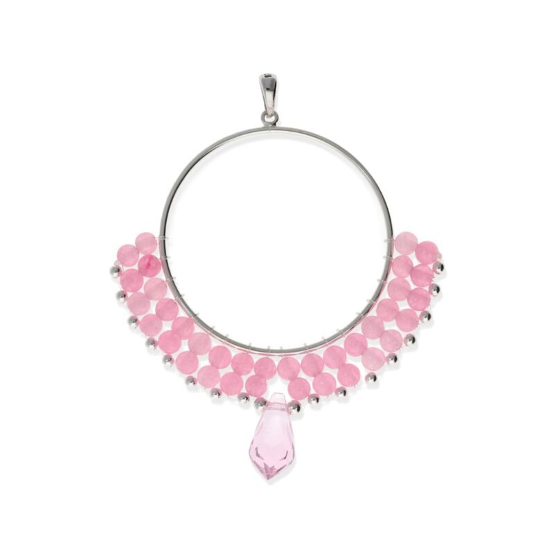 Colgante de plata de ley 925 círculo de 35mm de cuentas con bolitas rosas 3,5mm y de plata de 2mm y colgante rosa de 14mm.