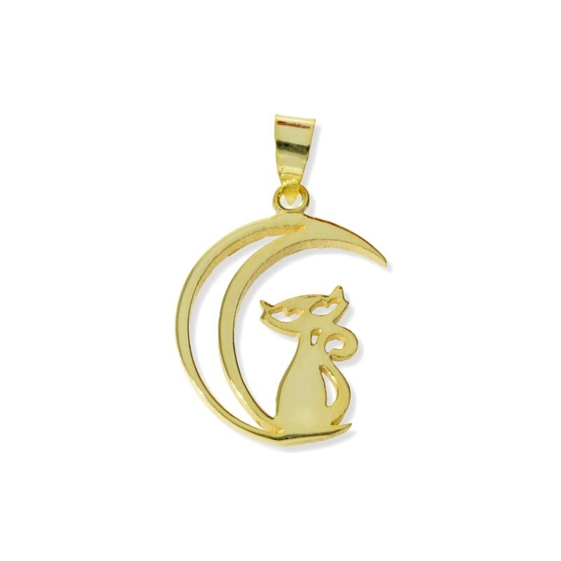 Colgante de plata de ley 925 con baño de oro de 18 quilates con gato en la luna de 17x25mm.