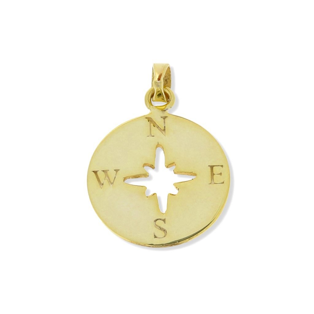 Colgante de plata de ley 925 con baño de oro de 18 quilates con rosa de los vientos de 14mm.