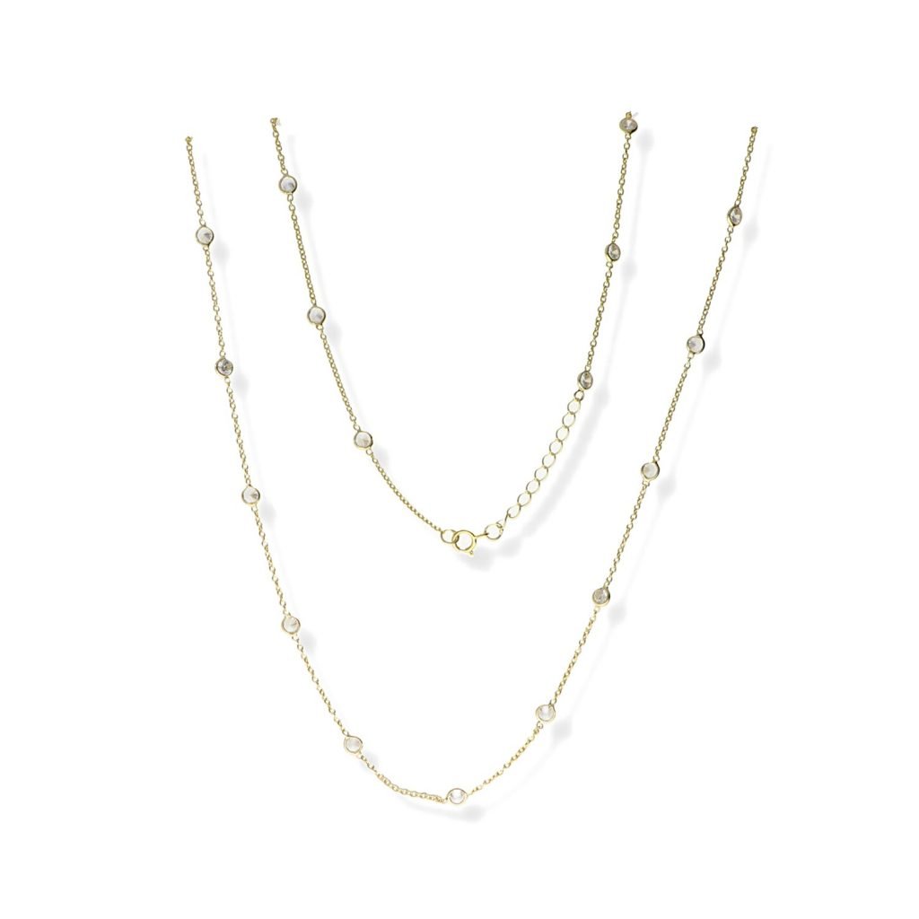 Collar de plata de ley 925 con baño de oro de 18 quilates con circonitas de 4mm de 85cm de largo con cierre reasa.