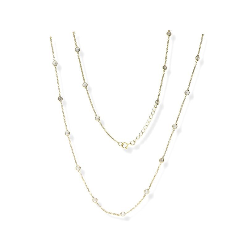 Collar de plata de ley 925 con baño de oro de 18 quilates con circonitas de 4mm de 85cm de largo con cierre reasa.
