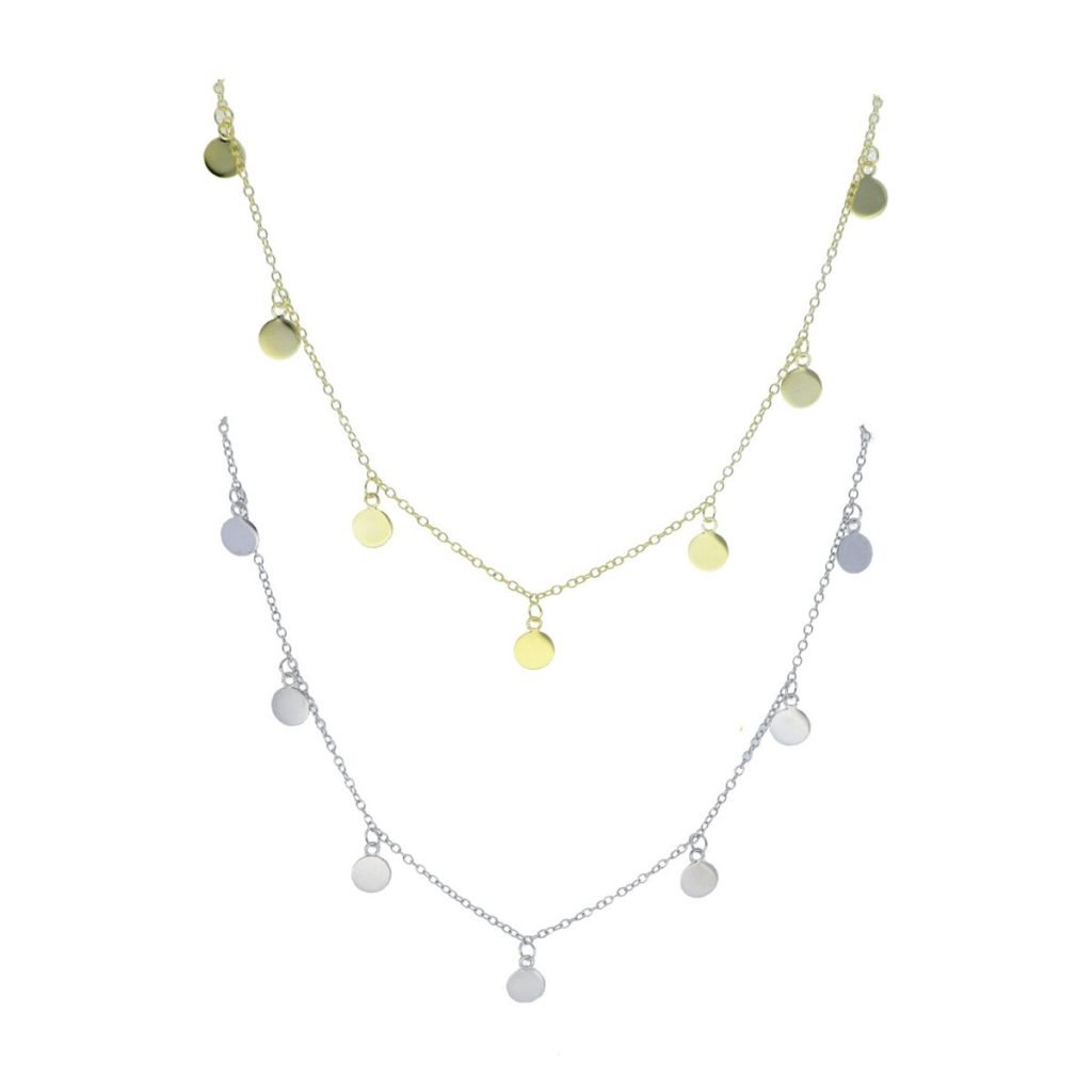 Gargantilla en plata de ley 925 con baño de oro de 18 quilates con 7 chapitas en forma de círculo de 40 cm de largo.