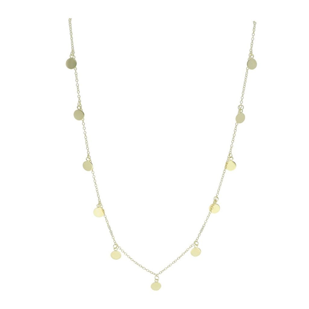 Gargantilla plata de ley l925 con baño de oro de 18 quilates con 13 chapitas en forma de círculo de 40 cm de largo.