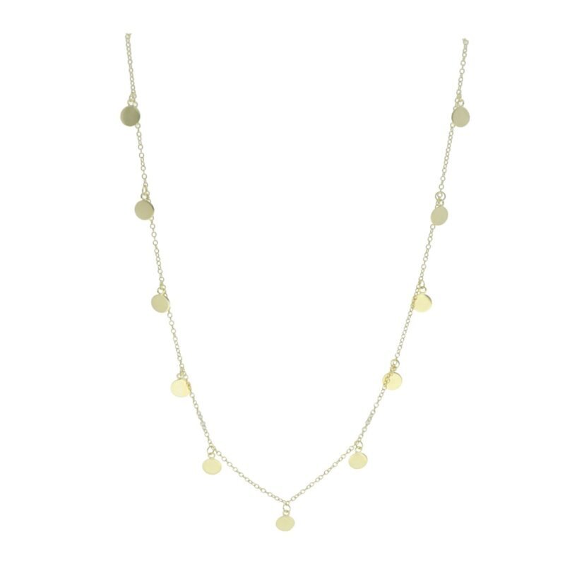 Gargantilla plata de ley l925 con baño de oro de 18 quilates con 13 chapitas en forma de círculo de 40 cm de largo.