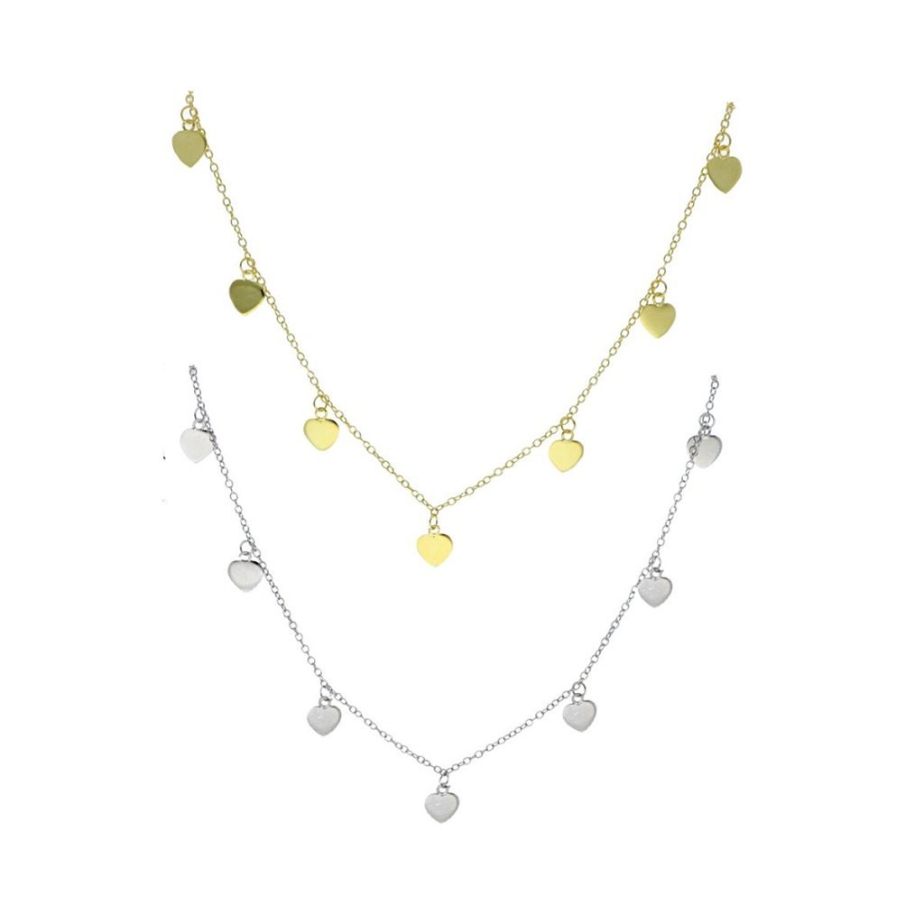 Gargantilla en plata de ley 925 con 7 chapitas en forma de corazón, 40 cm de largo