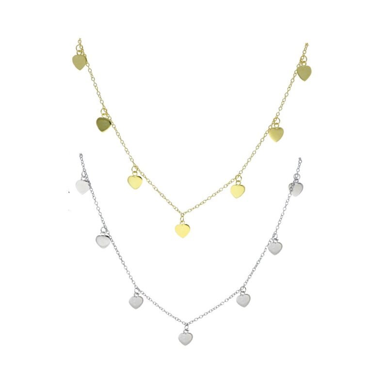 Gargantilla en plata de ley 925 con baño de oro de 18 quilates con 7 chapitas en forma de corazón de 40 cm de largo.
