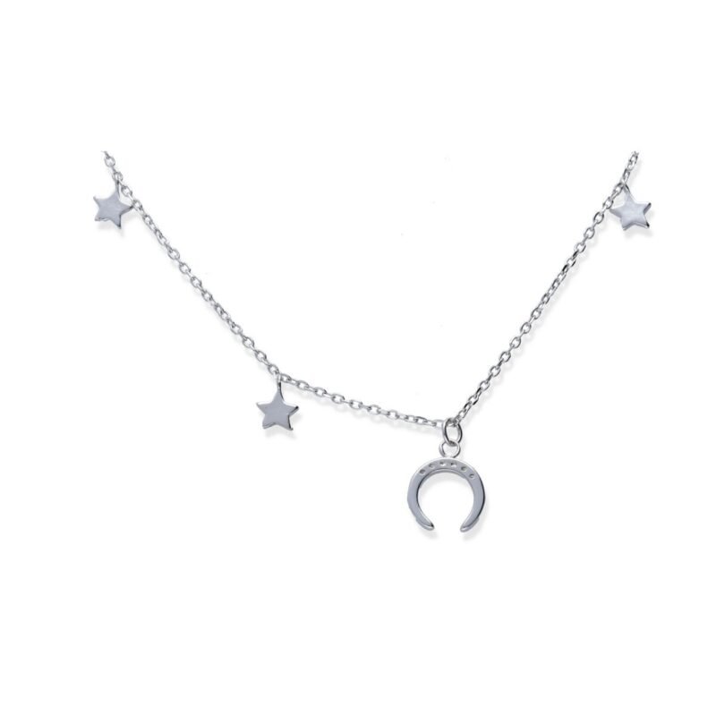 Gargantilla plata de ley 925 circonita con 3 estrellas y una luna invertida o moonset de 20cm y cierre de reasa.