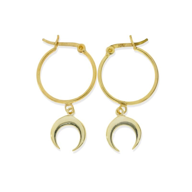Pendientes de plata de ley 925 con baño de oro de 18 quilates con aro de 1,2x18,5mm y colgante de luna invertida o moonset de 11mm.