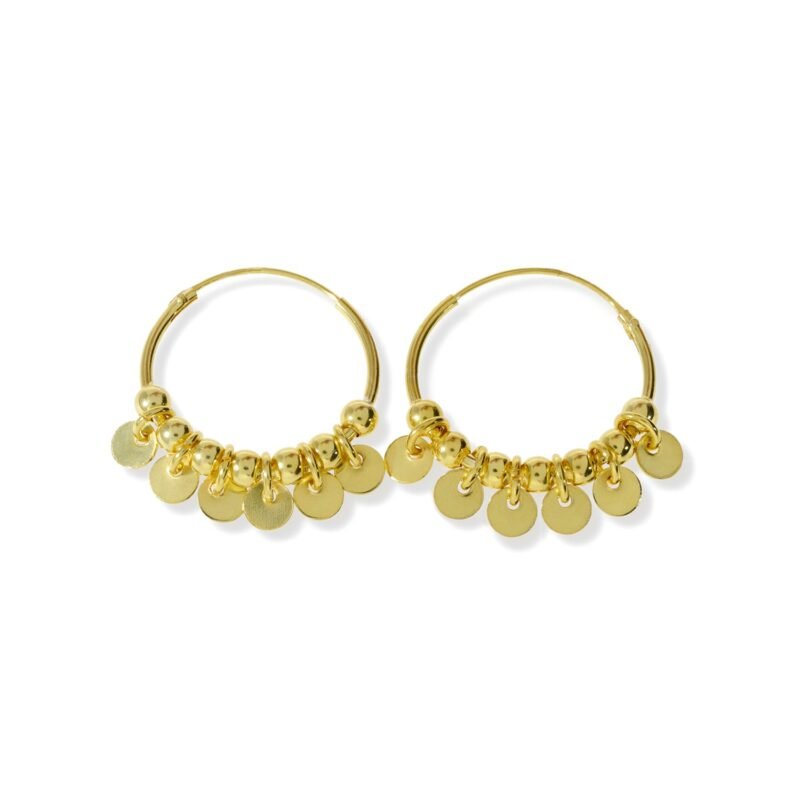 Pendientes de plata de ley 925 gipsy con baño de oro de 18 quilates con aro de 6 círculos y 7 bolitas de 1x19mm.