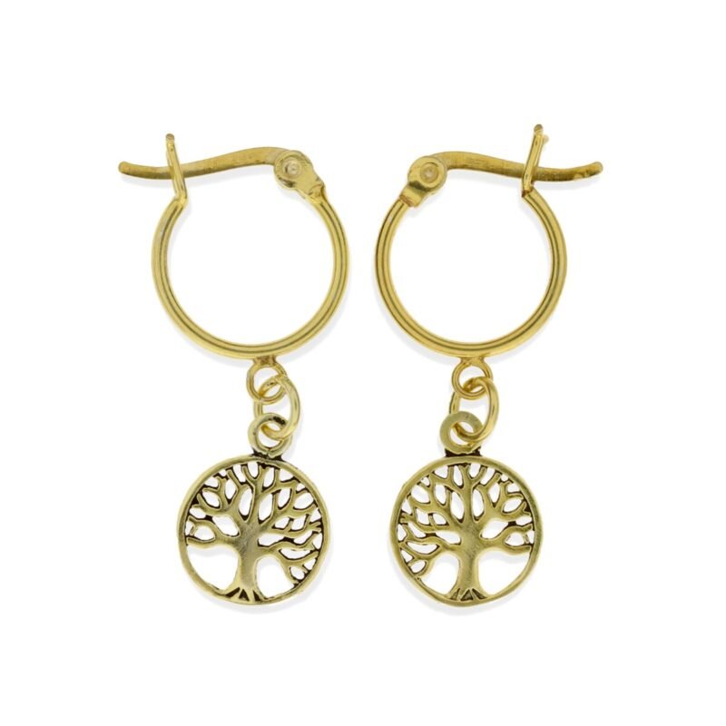 Pendientes de plata de ley 925 con baño de oro de 18 quilates con aro de 1,2x14mm y colgante árbol de la vida de 11mm.