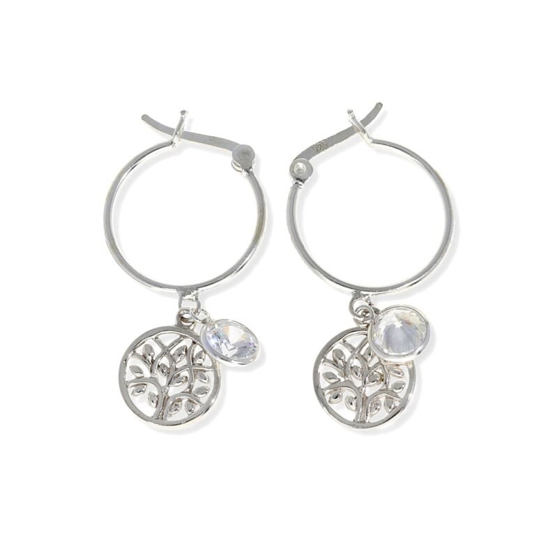 Pendientes de plata de Ley 925 con aro de 1x18mm y colgante de árbol de la vida de 11mm y circonita de 7mm.