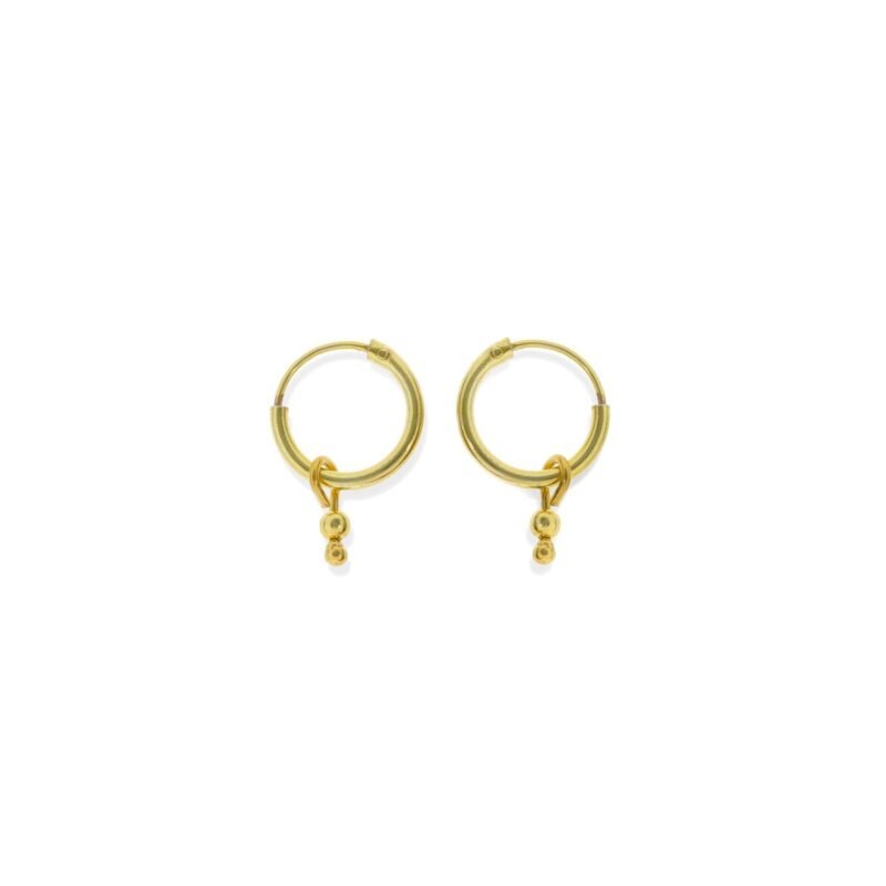 Pendientes de plata de ley 925 con baño de oro de 18 quilates con aro de 1,2x10mm y colgante de dos bolitas.