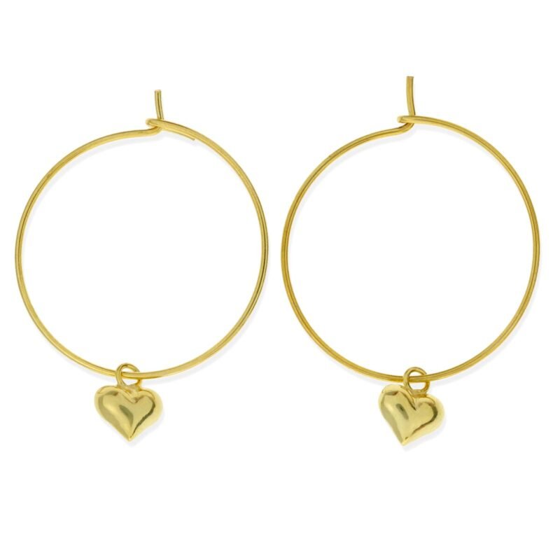 Pendientes de plata de ley 925 con baño de oro de 18 quilates con aro de 0,6x24mm y colgante de corazón de 5mm alto y 3mm de grosor.