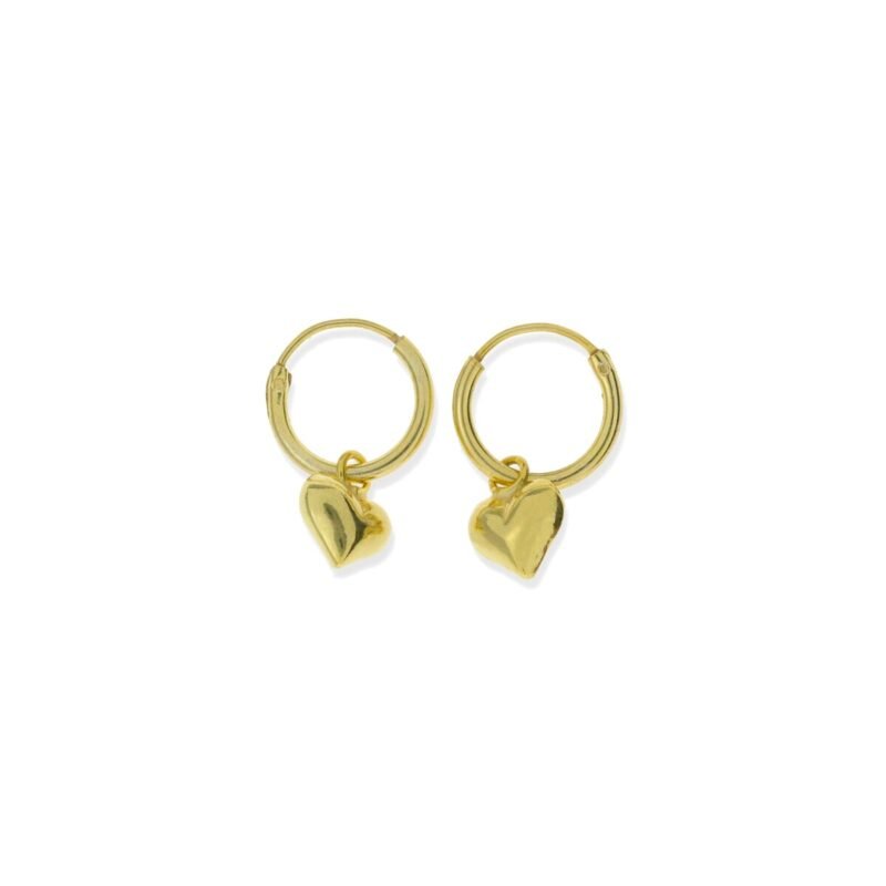 Pendientes de plata de ley 925 con baño de oro de 18 quilates con aro de 1,2x10mm y colgante de corazón de 5mm alto y 3mm de grosor.