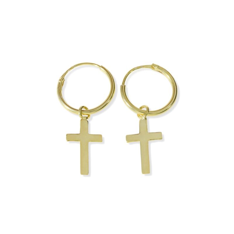 Pendientes de plata de ley 925 con baño de oro de 18 quilates con aro de 1,2x12mm y colgante de cruz 7,5x15mm.