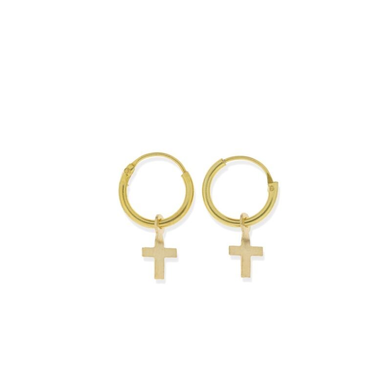 Pendientes de plata de ley 925 con baño de oro de 18 quilates con aro de 1,2x10mm y colgante de cruz de 7mm.