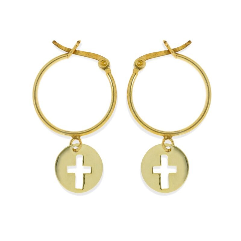 Pendientes de plata de ley 925 con baño de oro de 18 quilates con aro de 1,2x18mm y colgante de cruz de 10,5mm.