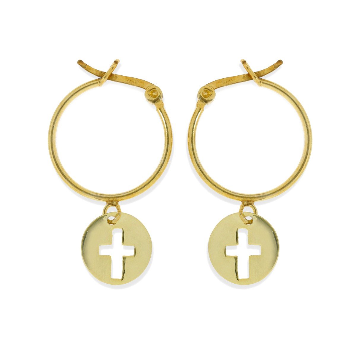Pendientes aro con cruz dorados Pendientes de plata de ley 925 con baño de oro de 18 quilates con aro de 1,2x18mm y colgante de cruz de 10,5mm.