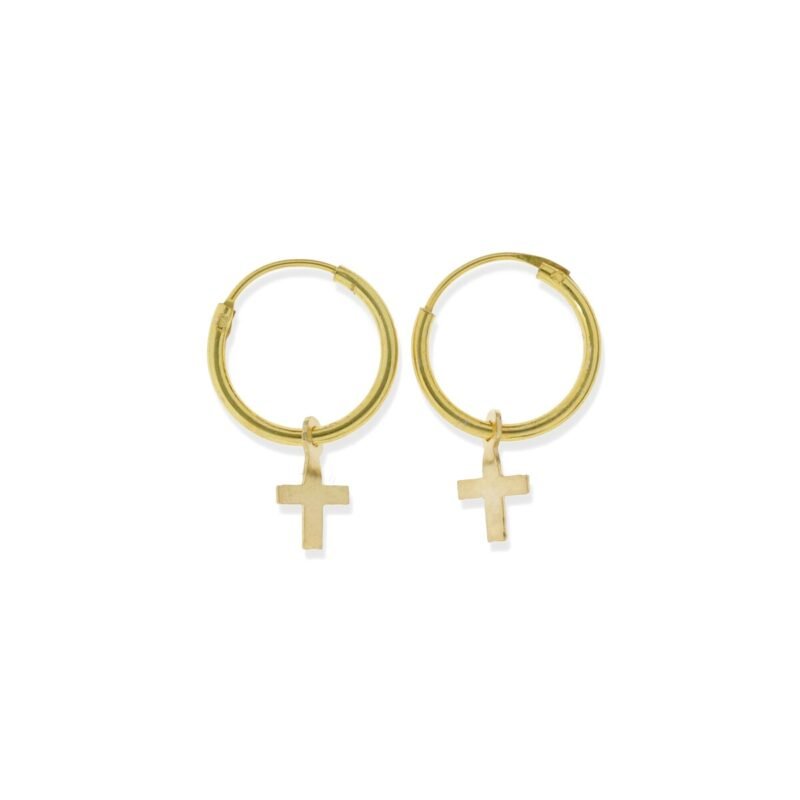 Pendientes de plata de ley 925 con baño de oro de 18 quilates con aro de 1,2x12,5mm y colgante de cruz de 7mm.