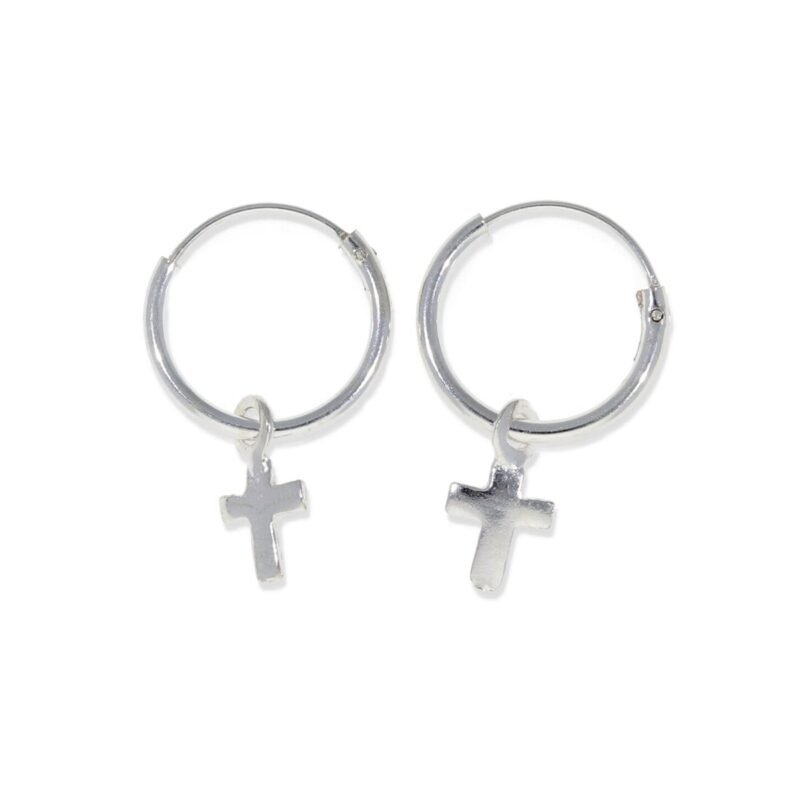 Pendientes de plata de ley 925 con aro de 1,2x12mm y colgante de cruz de 5x9mm.