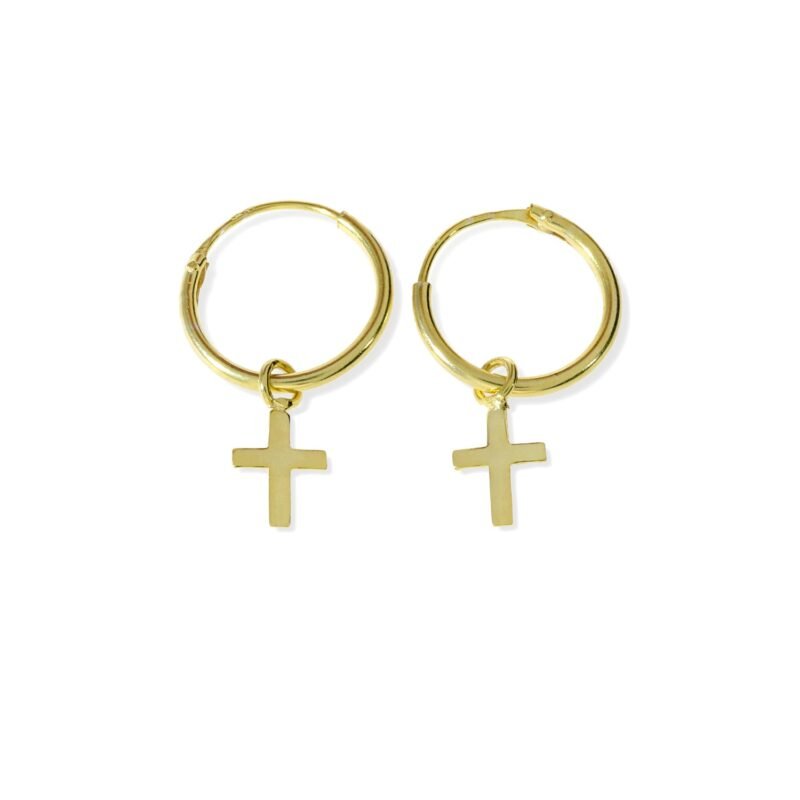 Pendientes de plata de ley 925 con baño de oro de 18 quilates con aro de 1,2x12mm y colgante de cruz 5x9mm.