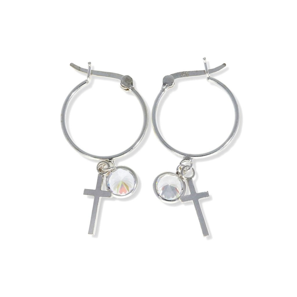 Pendientes de plata de Ley 925 con aro de 1x18mm y colgante de cruz de 6x15mm y circonita de 7mm.