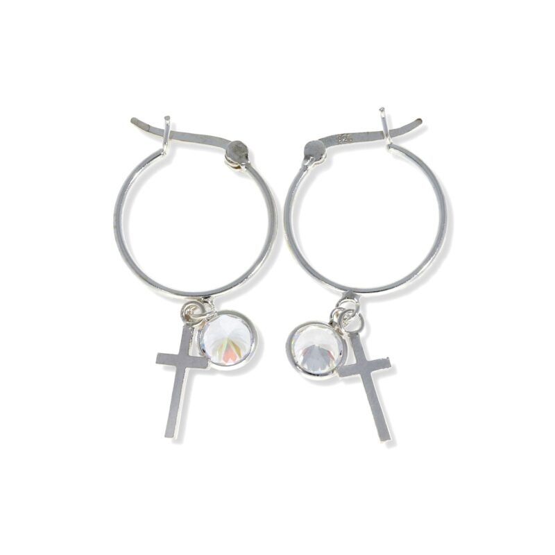 Pendientes de plata de Ley 925 con aro de 1x18mm y colgante de cruz de 6x15mm y circonita de 7mm.