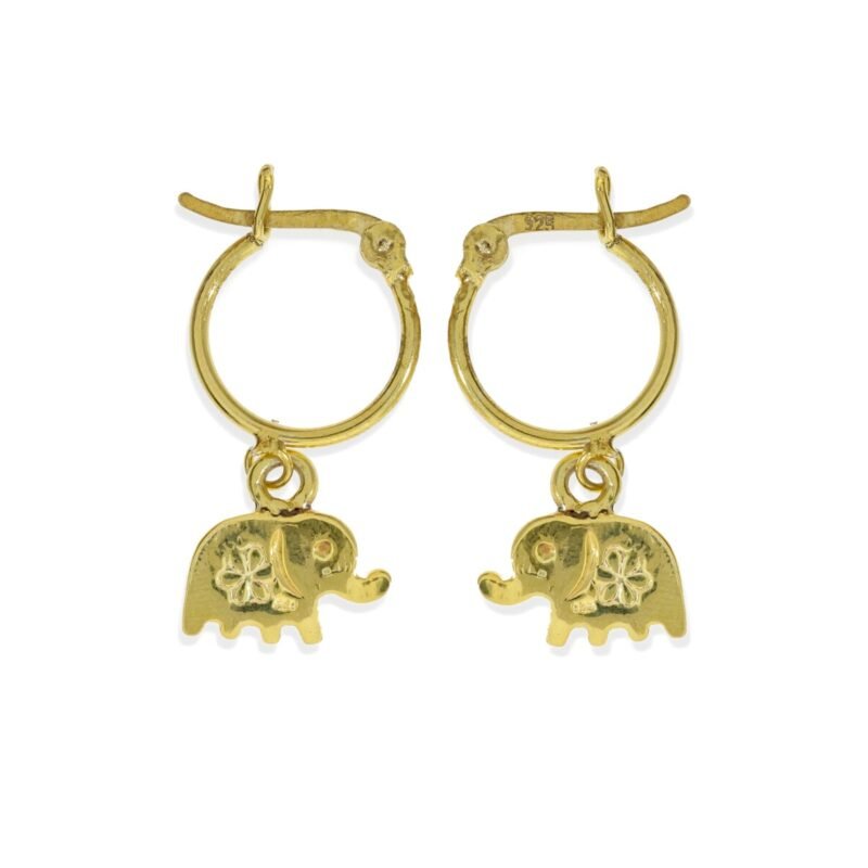 Pendientes de plata 925 con baño de oro de 18 quilates con aro de 1,2x14mm y colgante de elefante de 8mm.