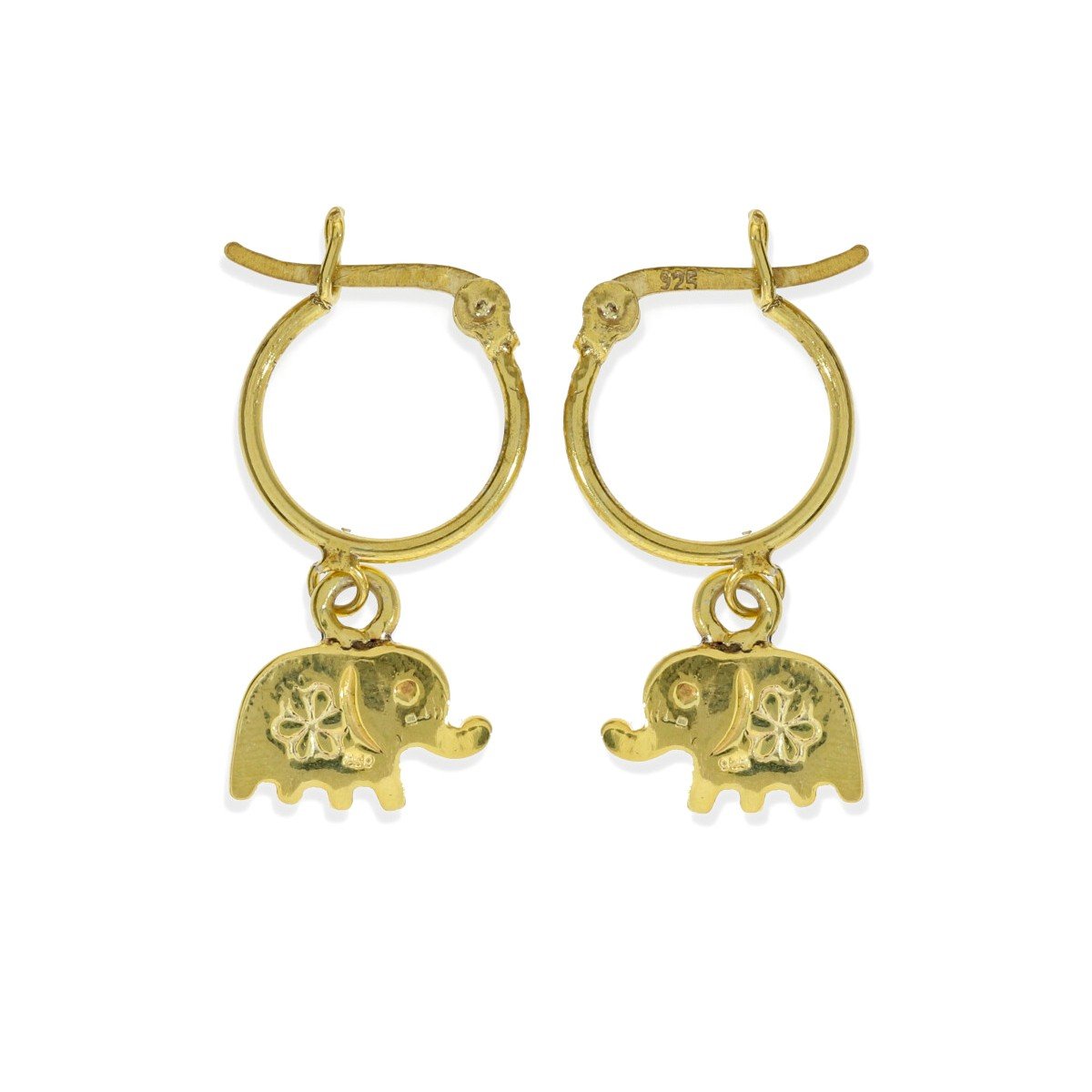 Pendientes aro con elefante dorados Pendientes de plata 925 con baño de oro de 18 quilates con aro de 1,2x14mm y colgante de elefante de 8mm.