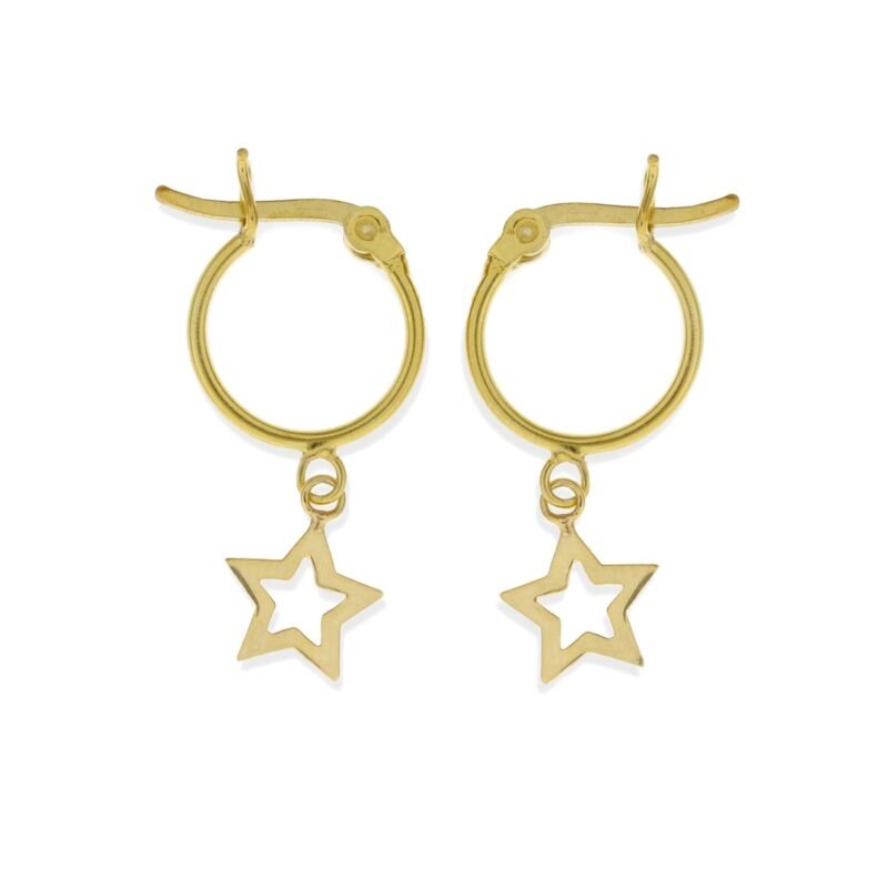 Pendientes de plata de ley 925 con baño de oro de 18 quilates con aro de 1,2x14mm y colgante estrella de 9mm.