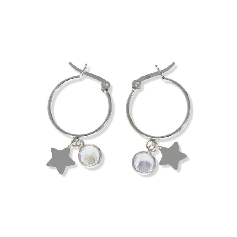 Pendientes de plata de Ley 925 con aro de 1x18mm y colgante de estrella de 7,5mm y circonita de 7mm.