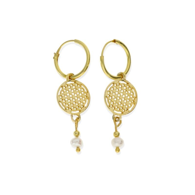 Pendientes de plata de ley 925 con baño de oro de 18 quilates con aro de 1,2x12mm, colgante flor de la vida de 10,5mm y colgante con dos bolitas doradas y perla de 3,5mm aprox.