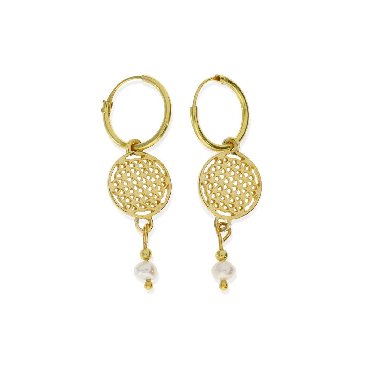 Pendientes aro con flor de la vida dorados y perla Pendientes de plata de ley 925 con baño de oro de 18 quilates con aro de 1,2x12mm, colgante flor de la vida de 10,5mm y colgante con dos bolitas doradas y perla de 3,5mm aprox.