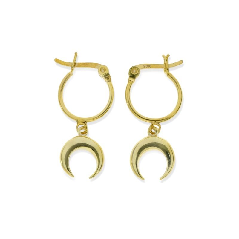 Pendientes de plata de ley 925 con baño de oro de 18 quilates con aro de 1,2x14mm y colgante de luna invertida o moonset de 11mm.