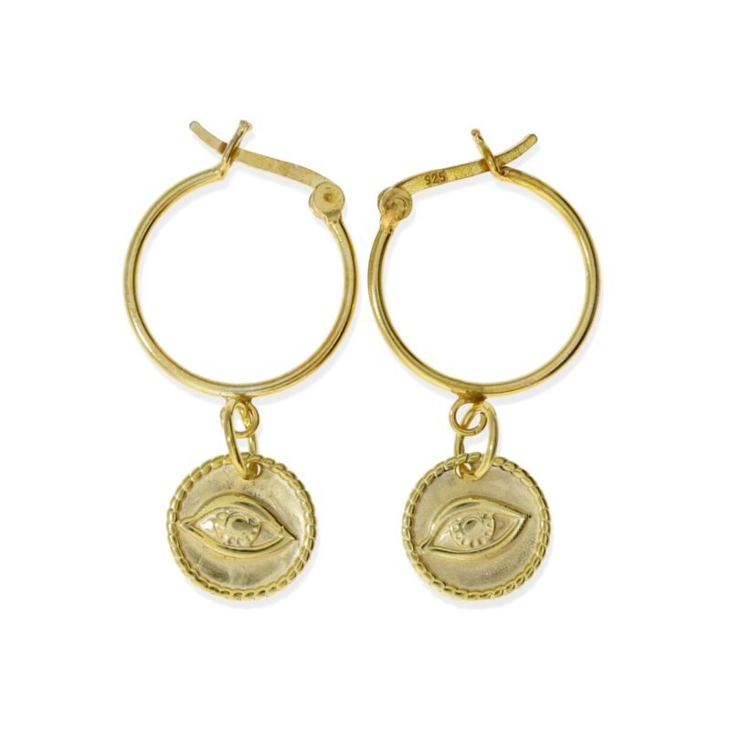 Pendientes de plata de ley 925 con baño de oro de 18 quilates con aro de 1,2x18mm y colgante círculo con ojo de 11,5mm.