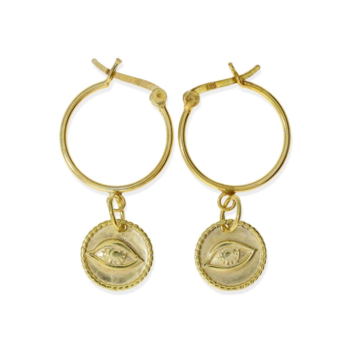 Pendientes aro con ojo dorados Pendientes de plata de ley 925 con baño de oro de 18 quilates con aro de 1,2x18mm y colgante círculo con ojo de 11,5mm.